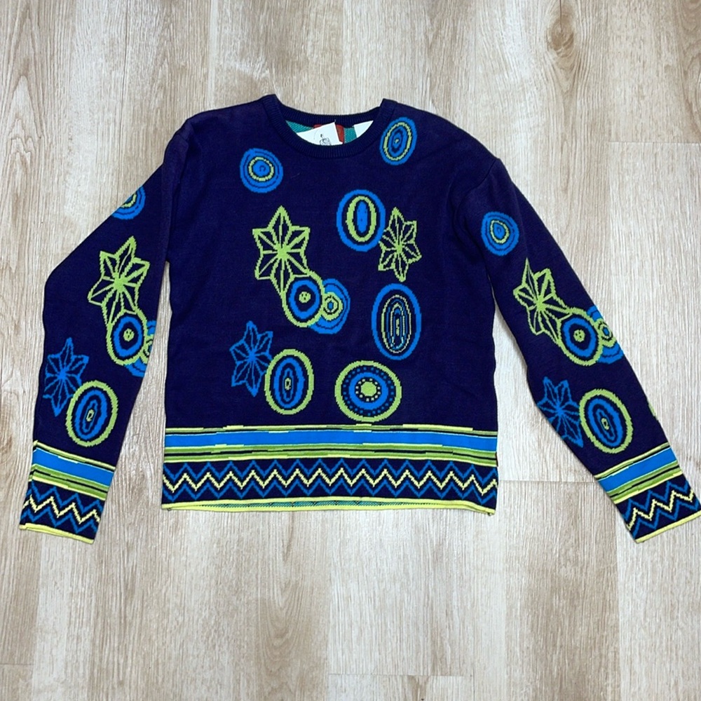 VTG 90s Kenzo Jungle Navy Green Floral Print Sweater sz 14Y 100% Cotton